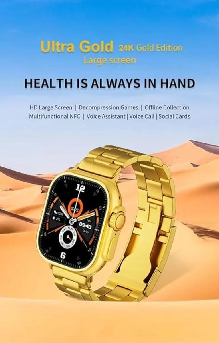 Ultra Max 49mm Bluetooth Calling Wireless Charge for Men with Golden Strap Smartwatch (Gold Strap, Free Size)