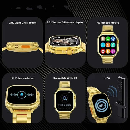 Ultra Max 49mm Bluetooth Calling Wireless Charge for Men with Golden Strap Smartwatch (Gold Strap, Free Size)
